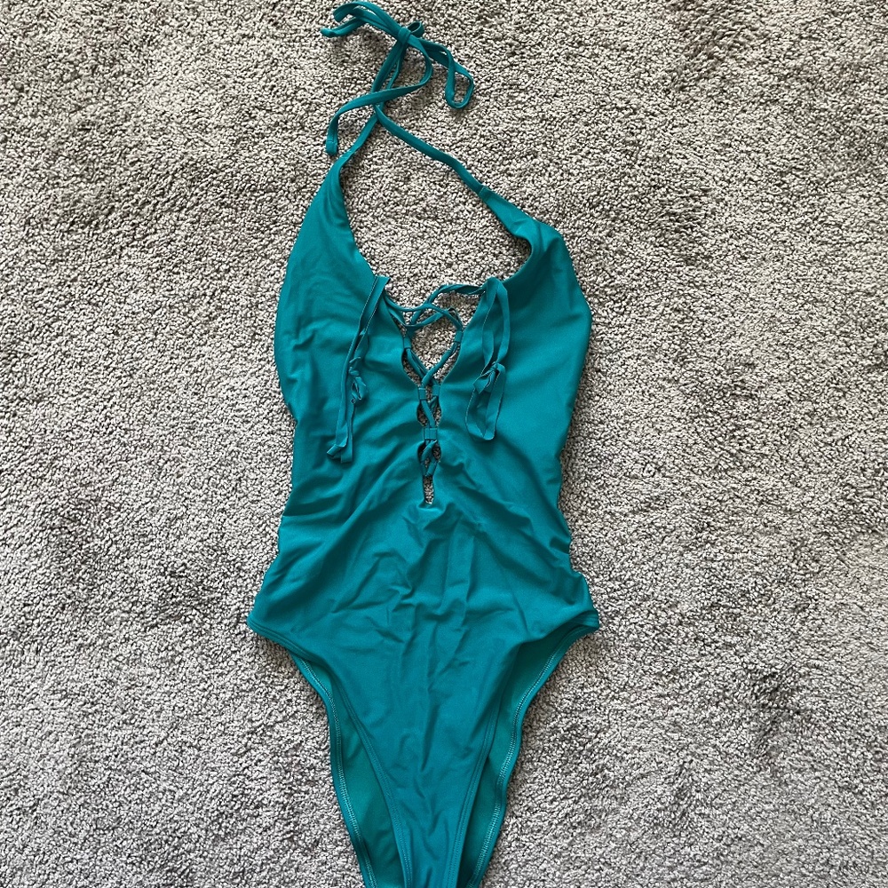 aerie One-Piece Halter Low-Cut Back Corset Front Swimsuit